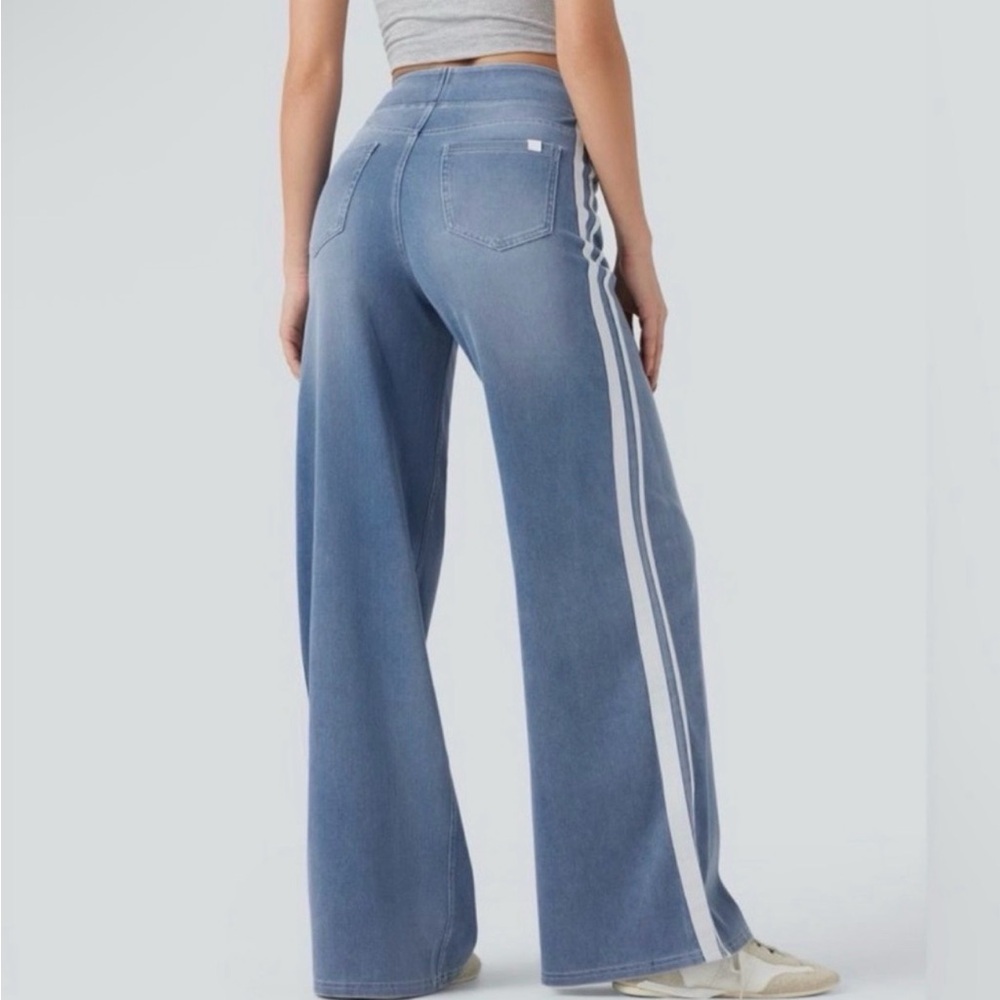 NIB HALARA Flex denim jeans yoga High-waist Wide-Leg track Stripes large tall